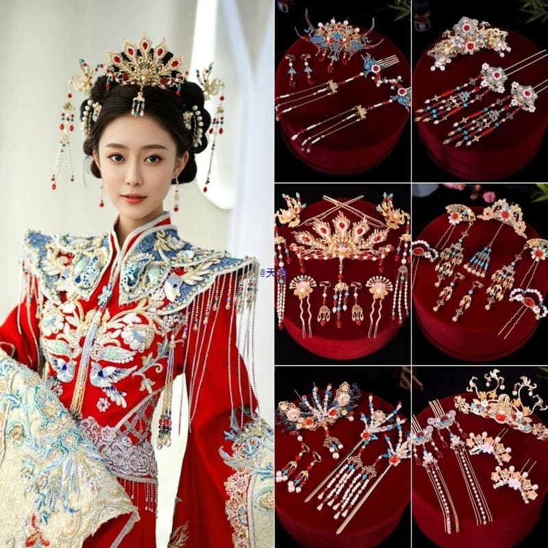 Ming-style antique enamel Hanfu hair accessories with burnt blue tassels, full set hairpin, head flower, hair clasp, and crown