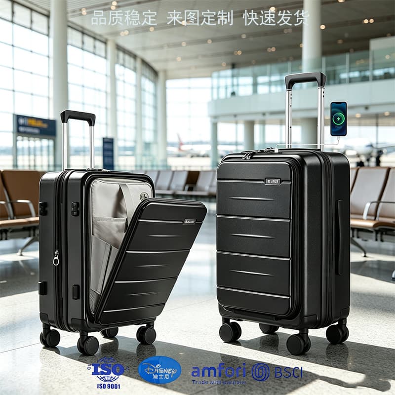 Luggage front opening cover USB silent wheel boarding trolley bag TSA customs lock extension layer business suitcase factory