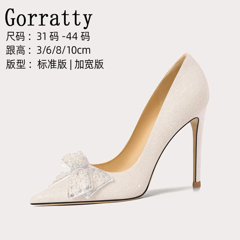 Wide and Extended Width Elegant High Heels White Wedding Dress Shoes Crystal Shoes Pearl Bow Plus Size Women's Shoes