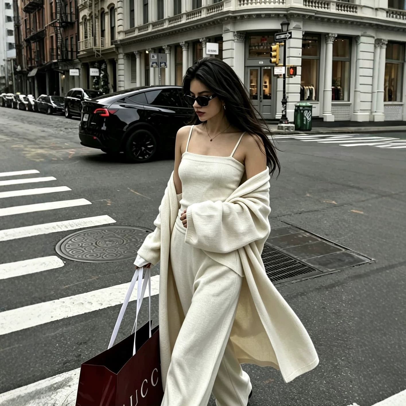 Lazy Luxe Knit Three-Piece Set with Bias-Cut Camisole, Long Cardigan, and Flowy Wide-Leg Pants in Soft Cozy Fabric