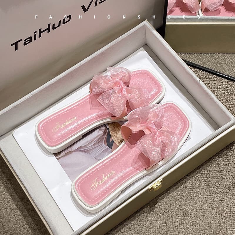 Chiffon Bow Girls' Slippers, Trendy Fashion Parent-Child Flip Flops, Summer Outdoor Beach Sandals