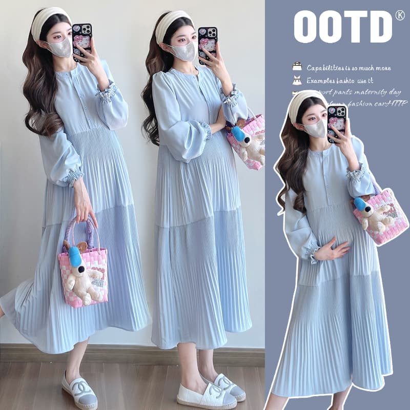 2025 New Autumn Style Loose Slimming Pleated Casual Versatile Mid-Length Elegant Maternity Dress - Real Shot