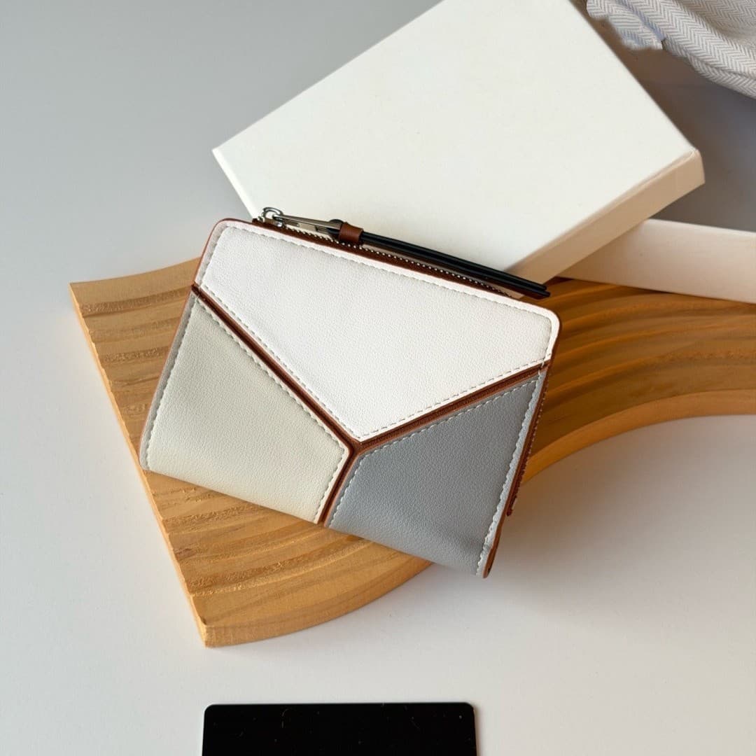 Cross-border Genuine Leather Women's Wallet Patchwork Geometric Puzzle Zipper Wallet Card Holder Card Case Anti-theft Money Clip