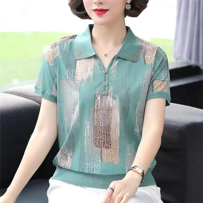Middle-Aged Mother Summer New Short-Sleeved T-Shirt Women's Fashionable Shirt Age-Reducing Women's Plus Size Ice Silk Top