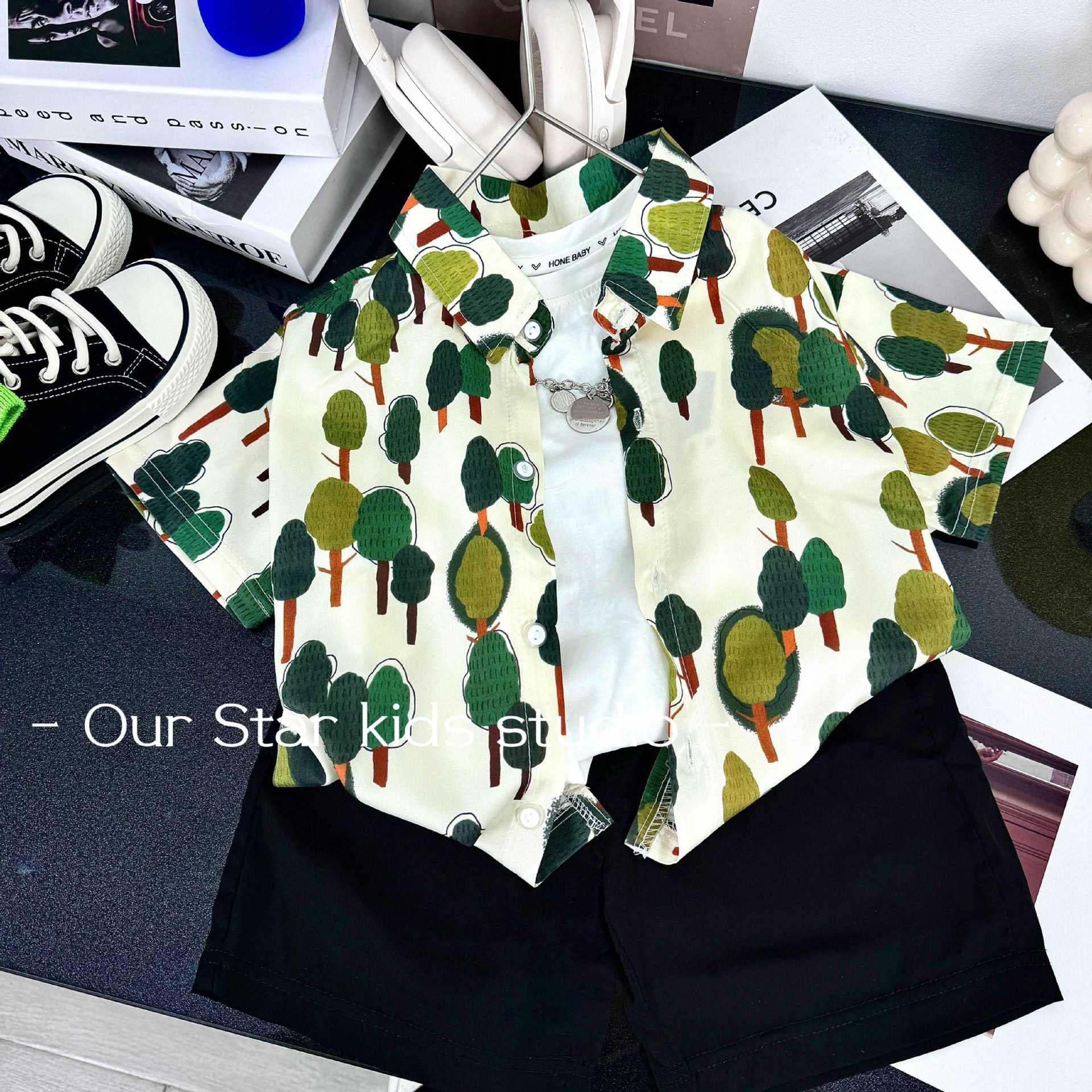 Boys' Set Turn-down Collar Short Sleeve Summer Shirt Printed Green Set Dopamine Kids 3 to 8 Years