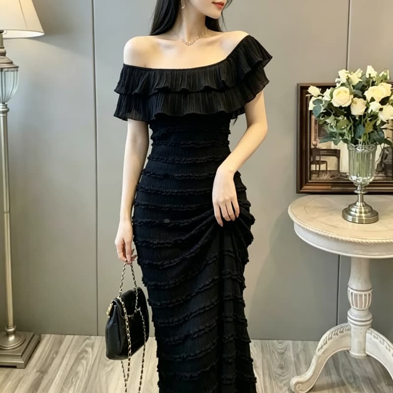 Summer Waist-Cinching Bodycon Dress Black Split Long Dress French Style Ruffled Off-Shoulder Dress for Women