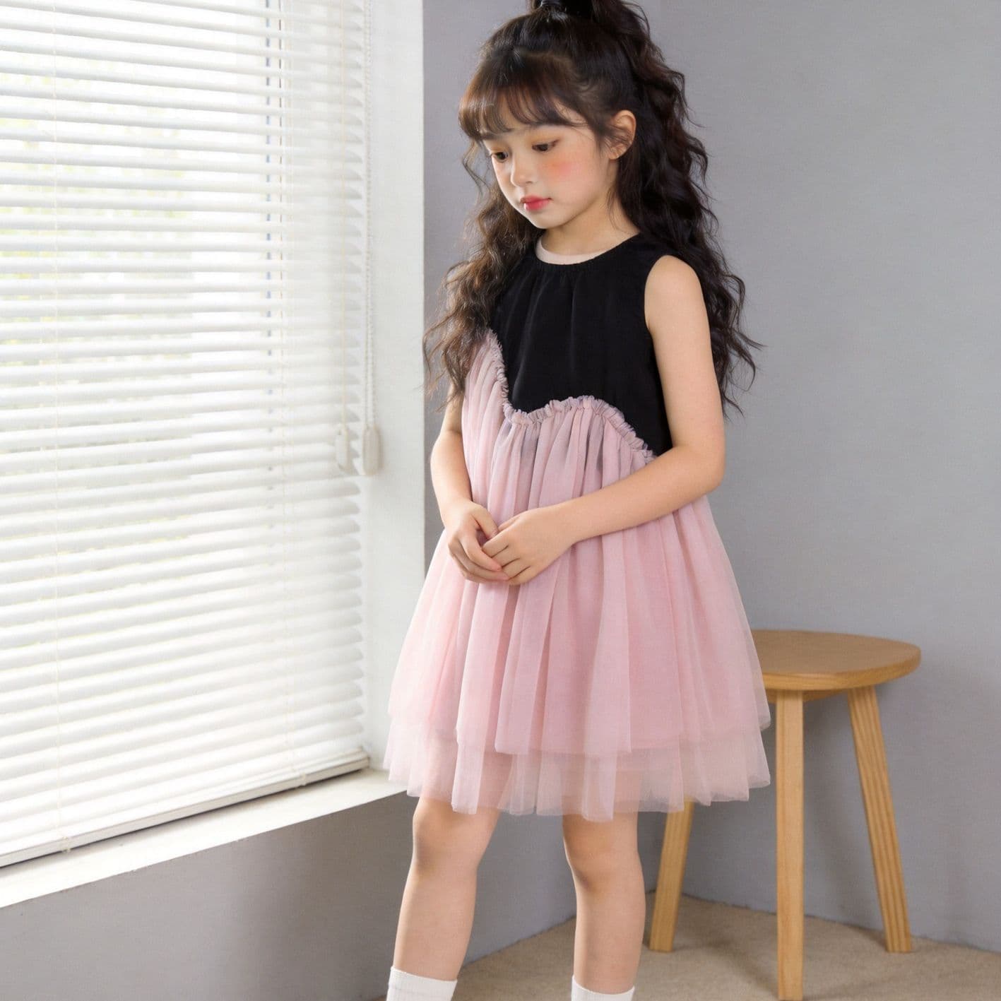 Girls' New Summer Sleeveless Pink Gauze Dress, Little Girl's Vest Dress, Asymmetrical Short Skirt, Fashionable Princess Dress