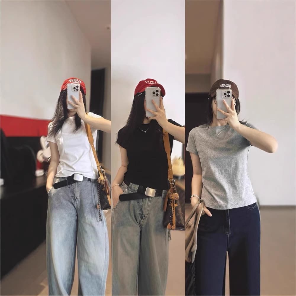 Korean Style Ribbed Cotton Short Sleeve T-Shirt Women Slim Fit Flattering Versatile Crew Neck Tight Base Layer Summer Solid Color Top for Women