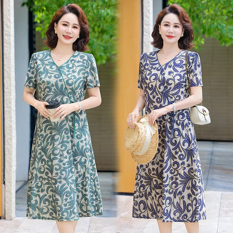 Middle-aged Mom Summer Short-Sleeve Dress, 50s Women's Summer V-Neck Floral Print Dress