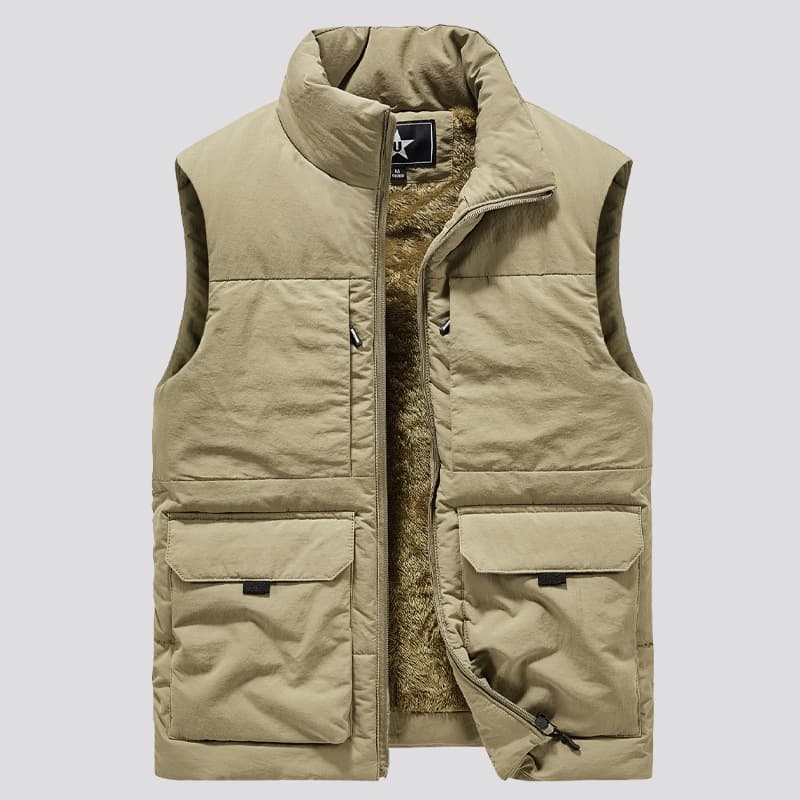 Autumn/Winter Men's Vest Fleece-Lined Thickened Work Waistcoat Multi-Pocket Stand Collar Vest Men's Outdoor Sleeveless Custom Logo
