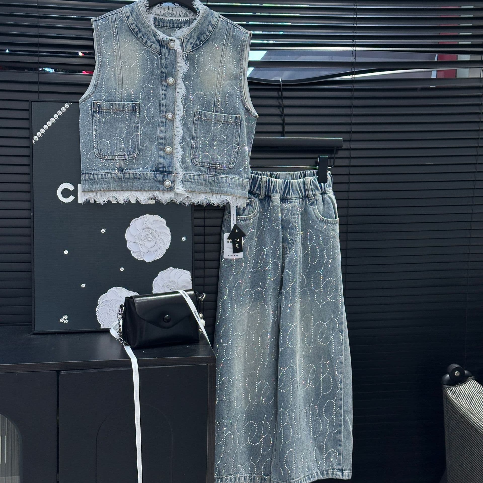 Girls' Fall Outfit Set, Rhinestone Lace Denim Vest with Wide-Leg Pants, 2-Piece Set for Big Kids, Zhili Kids Wear