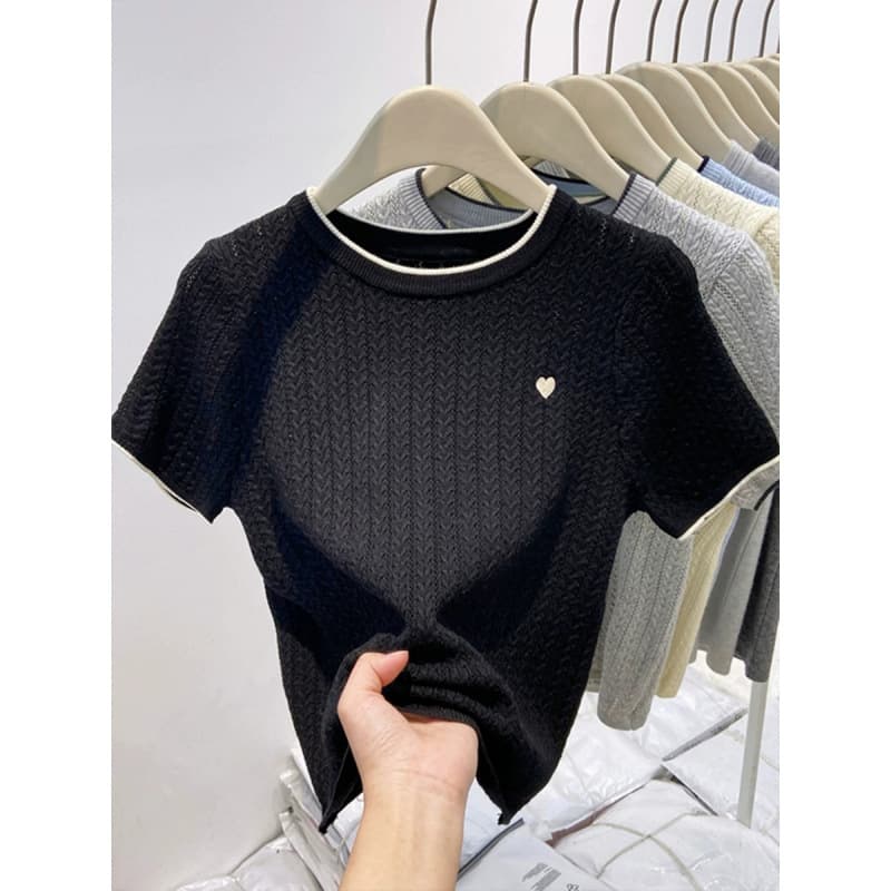 2026 Summer New Contrast Color Round Neck Embroidered Short Knit T-Shirt for Women, Short Length Inner Layering Top