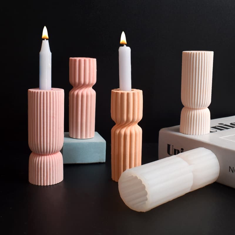 Geometric Cylinder Vertical Stripe Candle Holder Mold Double-Layer Stripe Vase Plaster Decoration Thick Stripe Candle Silicone Mold