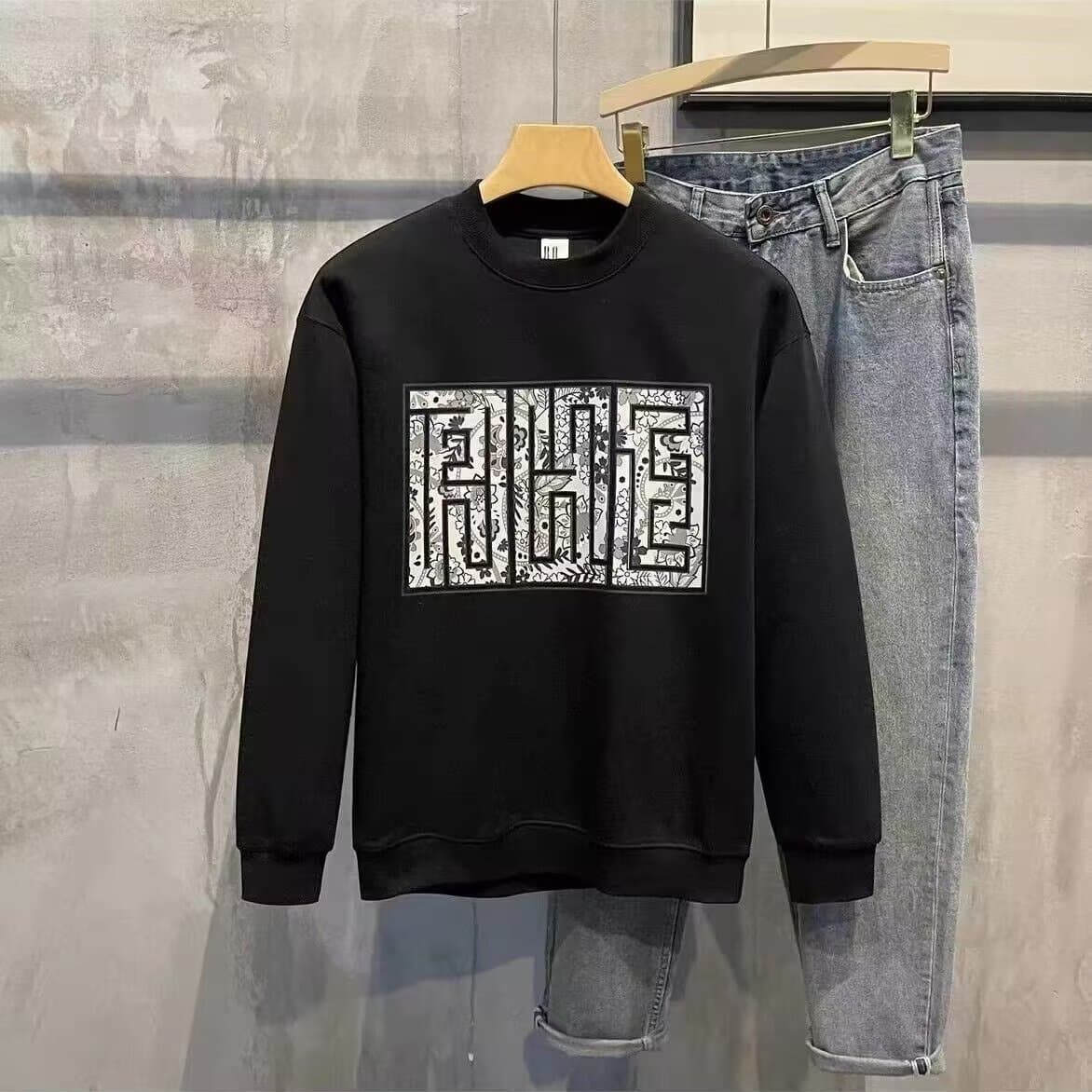 2024 Autumn and Winter European Station Trendy Brand Fashion Sweater Men's Maze Print Casual Round Neck Versatile Top Slim Long Sleeve