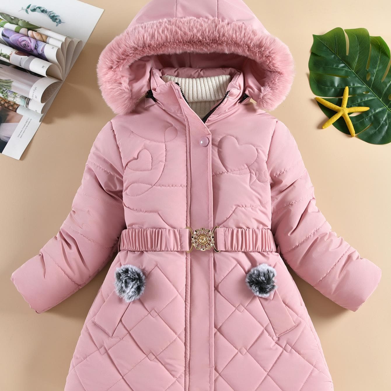Winter Korean style girls' mid-length cotton coat, Western-style heart-shaped rhombus pattern cotton coat with fur collar and hood