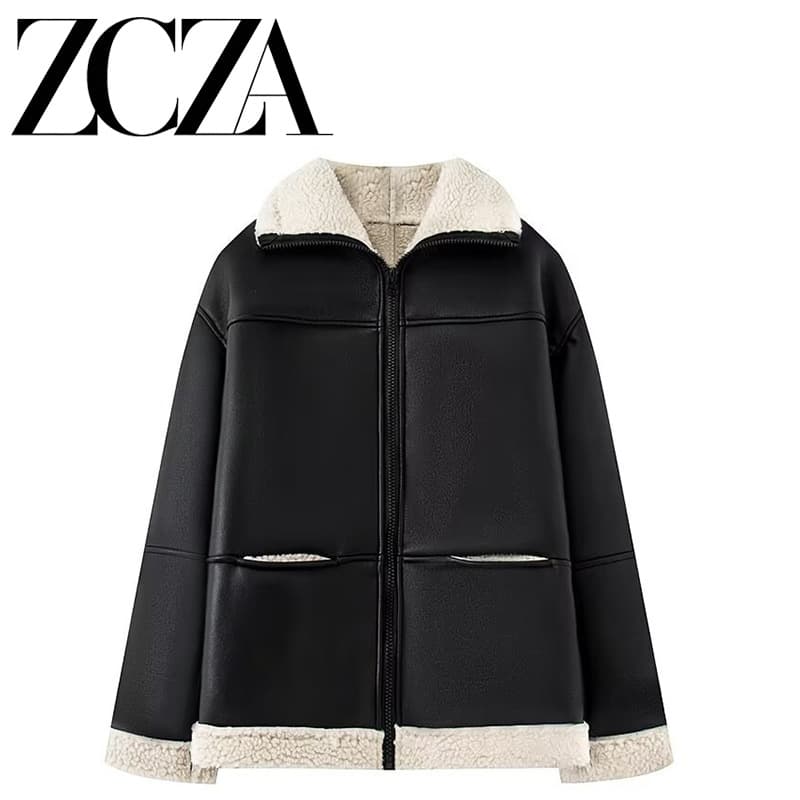 ZCZA homemade European and American style new women's clothing fashion versatile women's leather fur collar composite jacket cotton coat