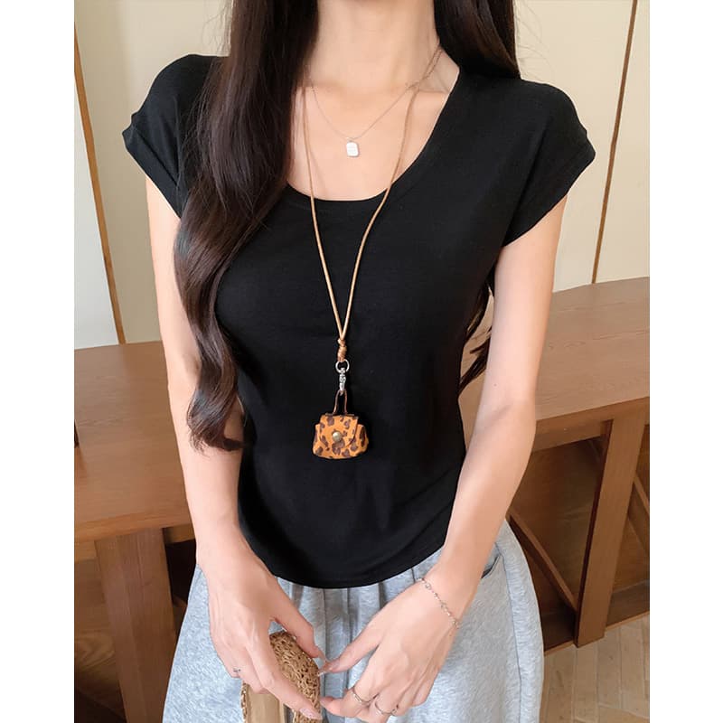 k2803 Lyocell U-Neck Short-Sleeve T-Shirt for Women Summer Thin Merino Wool Slim Fit Flutter Sleeve Base Top