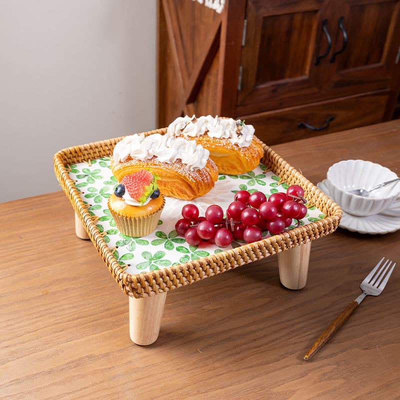 Colorful Shell Tray Handwoven Rattan Tea Snack Round Classic Pattern Bohemian Exotic Small Side Table