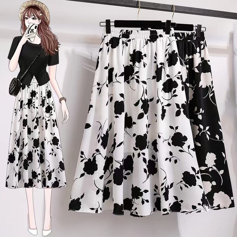 Plus-size women's high-waist slimming hip-covering large-swing skirt 2025 summer fat MM mid-length style rose skirt