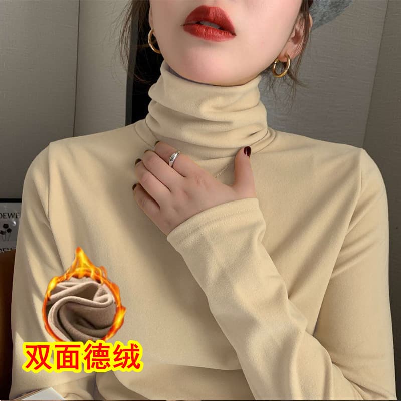 Double-sided velour high-neck base layer for women, new autumn and winter style, slim fit, fashionable inner wear, thickened for warmth, long-sleeve T-shirt for women.