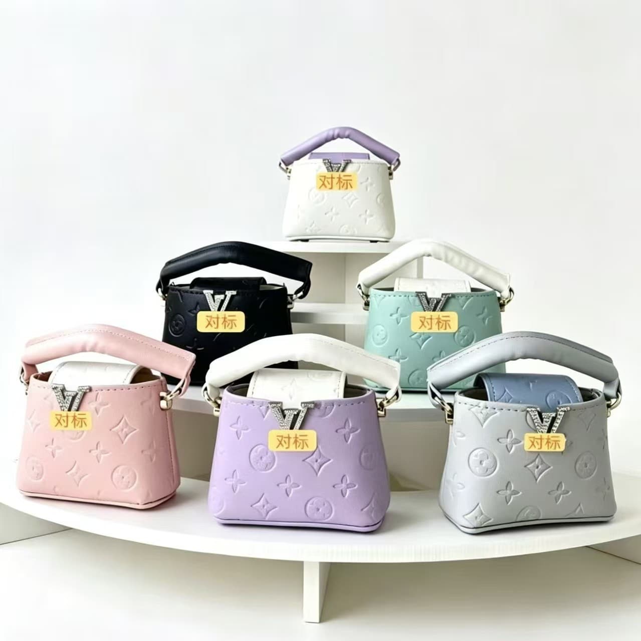 Mini Capusin Silver Rhinestone Large Logo Pendant Bag with Embossed Lipstick Case, Fashionable Coin and Key Pouch