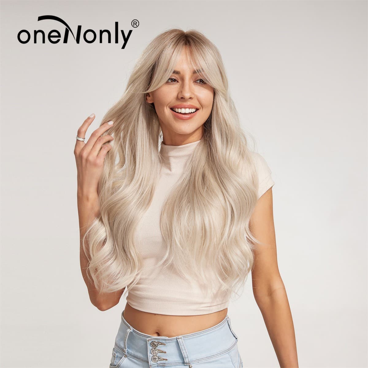 New Long Curly Wig for Women, Platinum Blonde Middle Part Long Curly Wave Machine-Made Synthetic Fiber Wig Cap