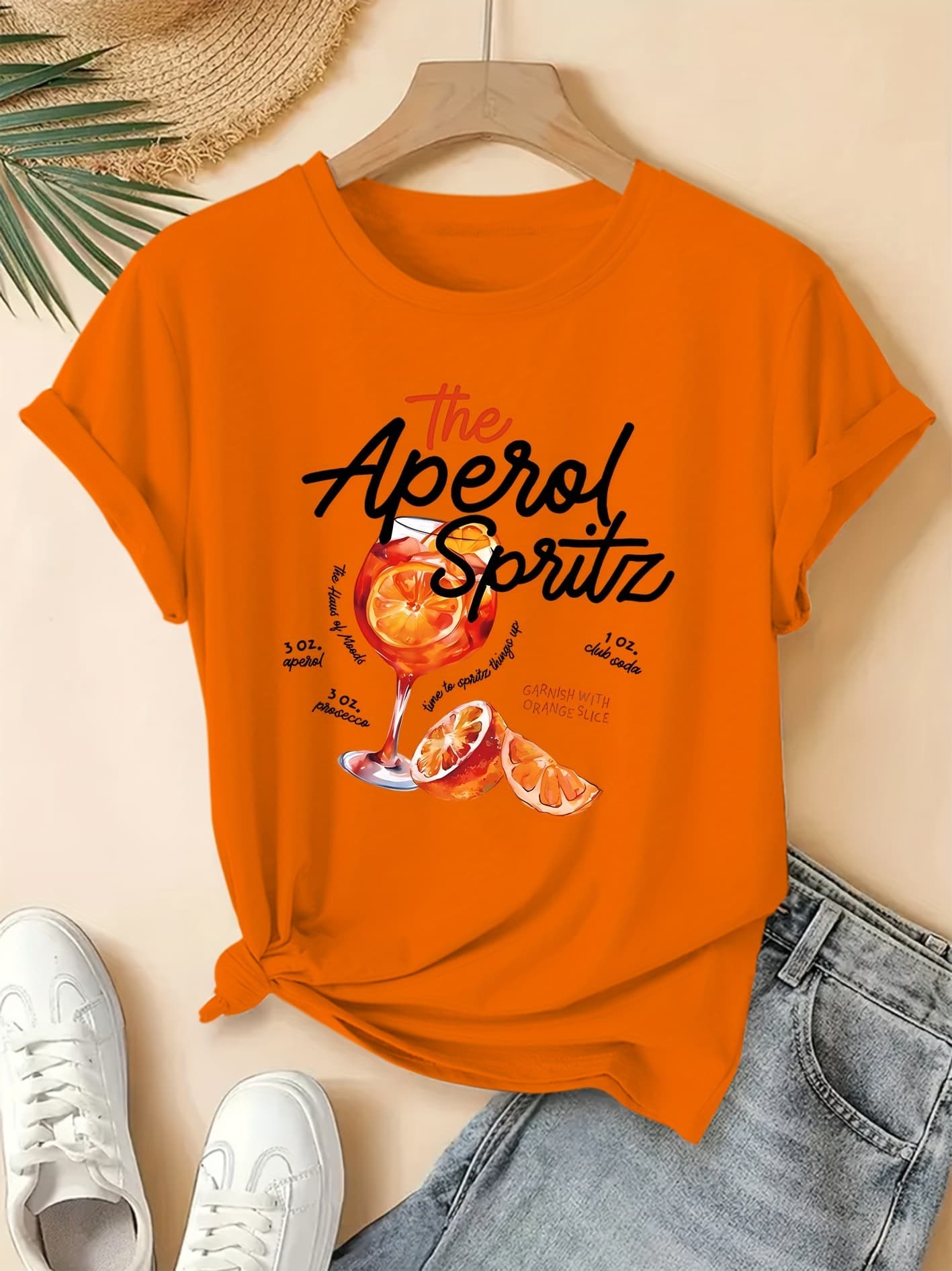 Plus Size Women's Casual Short Sleeve T-Shirt - Bright Orange Aperol Spritz Print with Cocktail Pattern