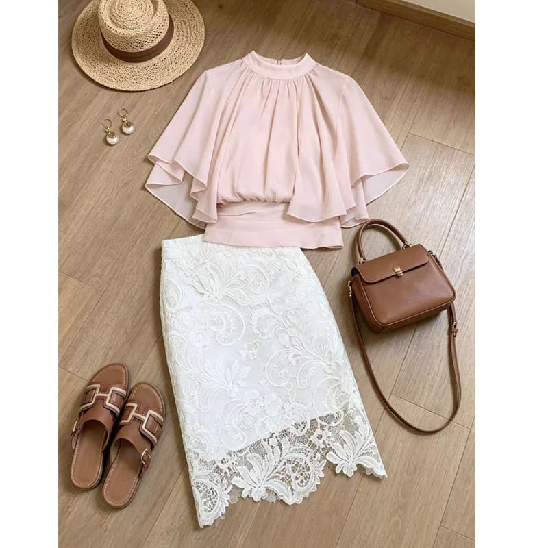 French Style Simple Commute Elegant Pink Blouse Two-Piece Skirt Set for Women 2026 Summer New Collection