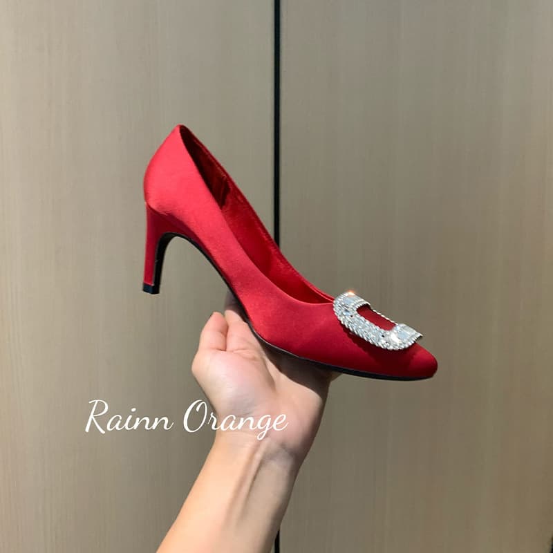 Red Satin Bridal Shoes with Shallow Mouth, Rhinestone Square Buckle, High Heels, Evening Party Square Toe Stiletto Fashion Shoes, Wholesale from Manufacturer