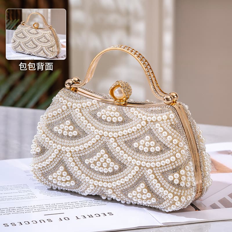 Cross-Border Women's Pearl Banquet Dress Rhinestone Handbag Vintage Cheongsam Socialite Clutch Wallet Single Shoulder Crossbody Bag