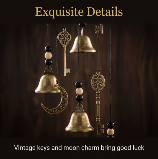 Vintage Distressed Key Star Moon Bell Wind Chime Witch Iron Hanging Decoration Garden Courtyard Home Guardian Good Luck Ornament