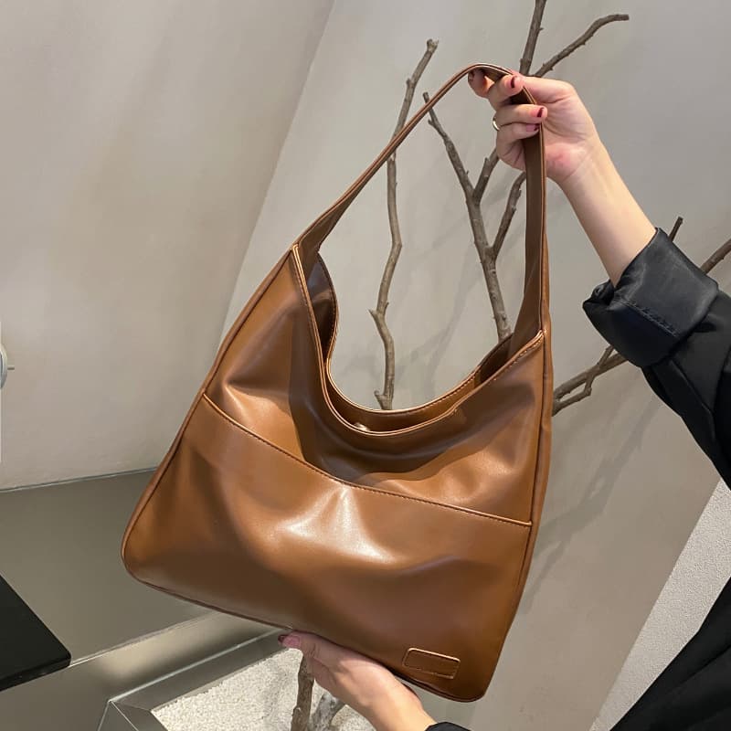 New large capacity shoulder tote bag Maillard brown retro tote bag simple fashion bucket bag commuter bag