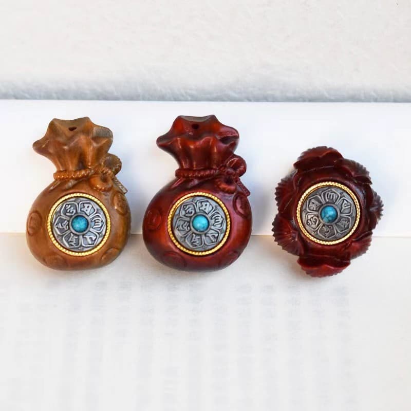 Money Bag, Lotus, Red Sandalwood, Green Sandalwood, DIY Accessories, Pendant, Keychain, Car Hanging, Inlaid with Rotatable Six-Word Inscription