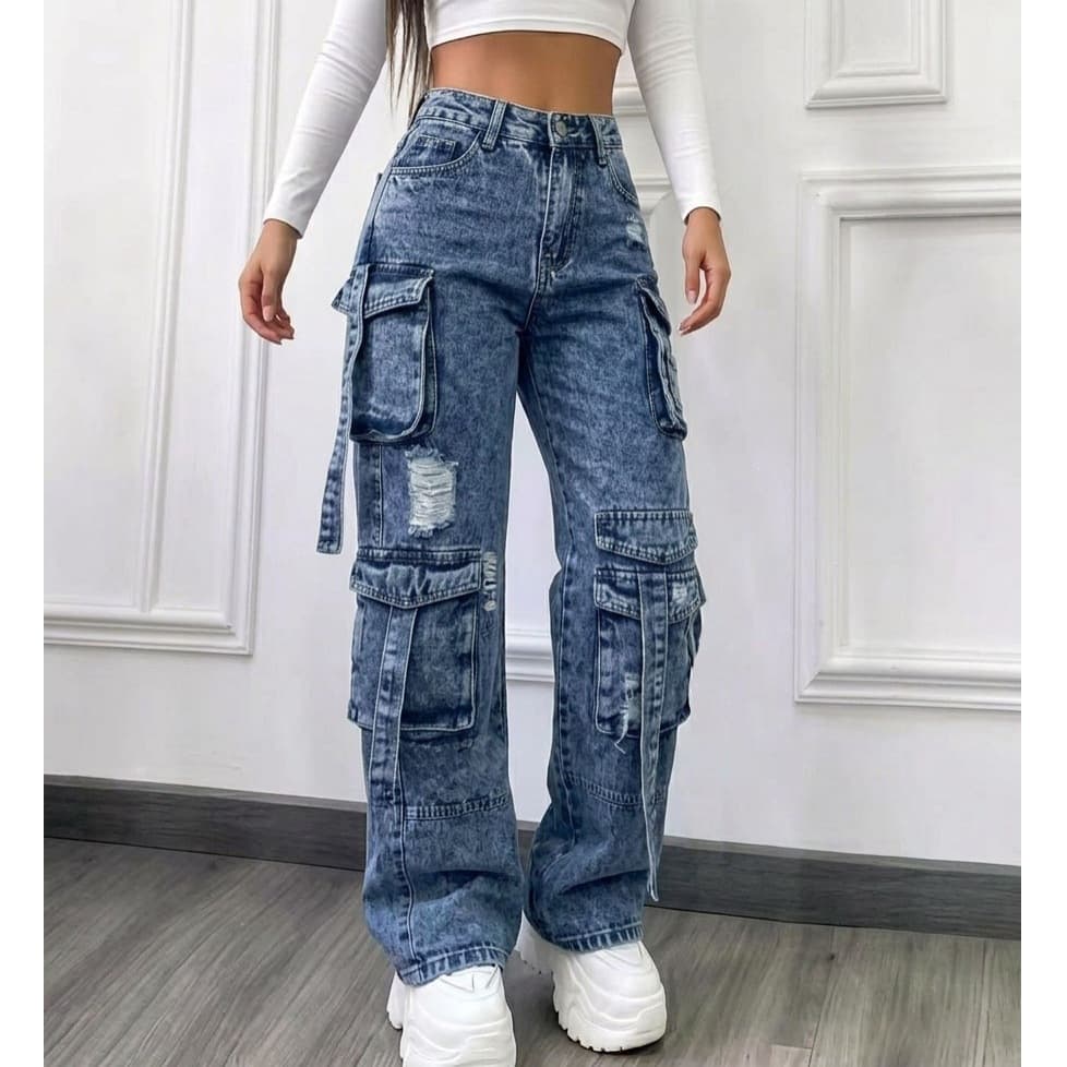 Cross-border supply women's denim trousers, personalized trendy ripped multi-pocket overalls for women