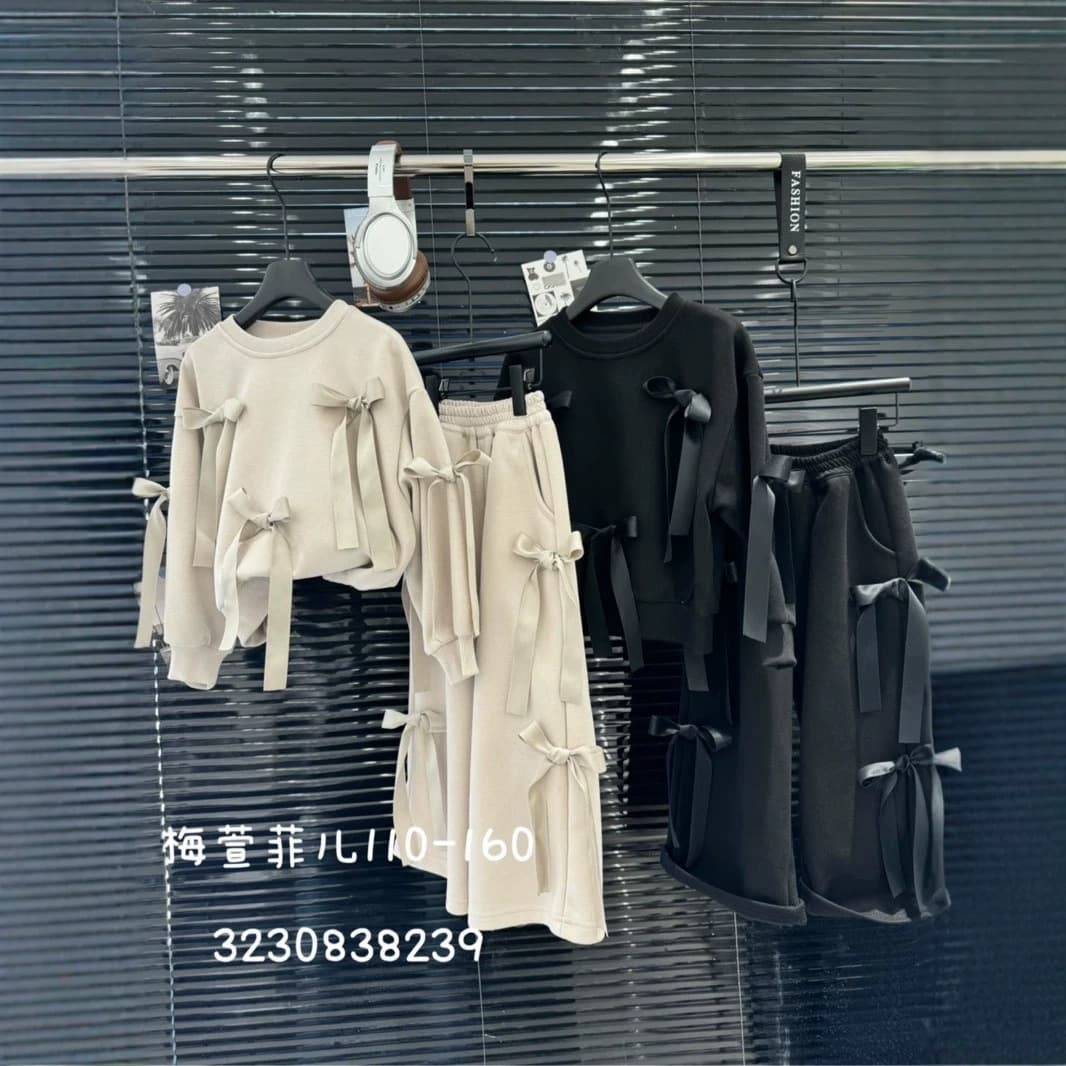 Girls' Autumn Kids Set Casual Style Middle Older Kids Bow Hooded Wide Leg Pants 2-Piece Set Zhili Kids Clothing Cross-Border