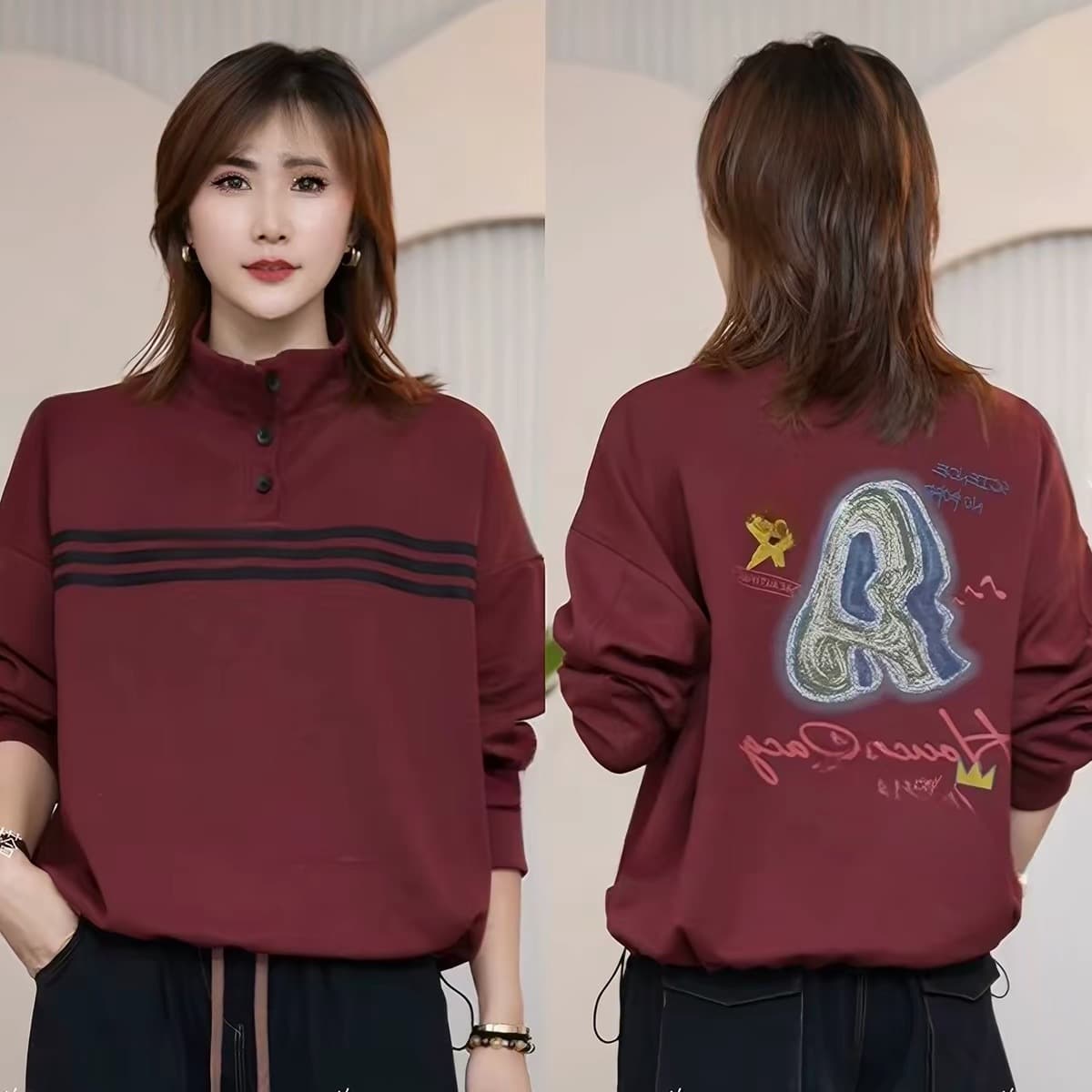 Autumn and winter stand-up collar half-button sweatshirt women's striped back printed loose casual Korean style long-sleeved warm jacket top