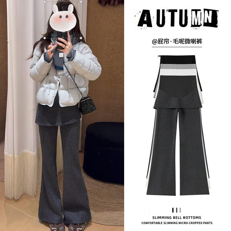 Maternity Pants Two-Piece Fake Layer Flared Pants Autumn/Winter 2026 New Fleece-Lined Thickened Wide-Leg Slimming Wool Flared Pants