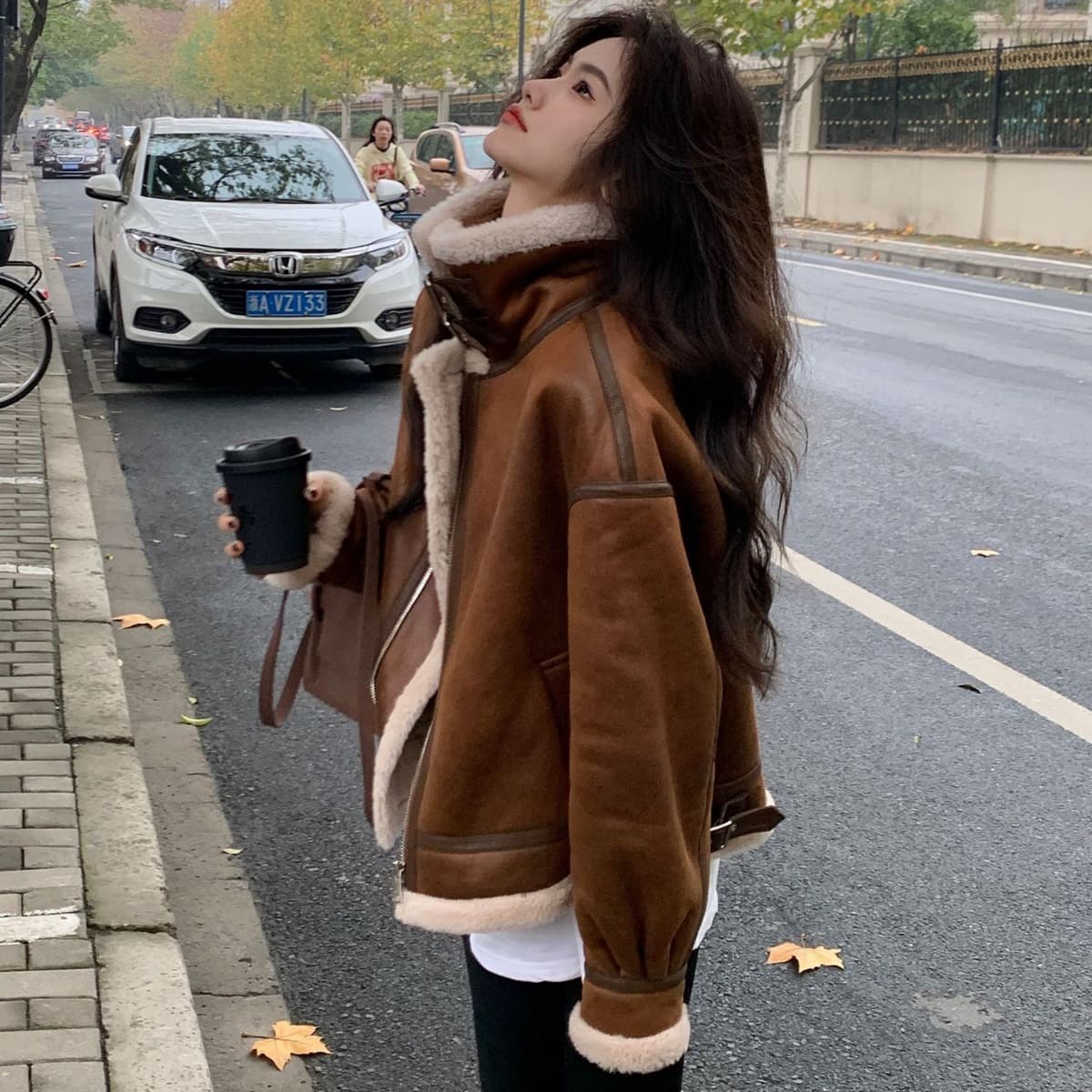 | Cool Sister | Shearling Wool Coat Women Suede Vintage Motorcycle Jacket Faux Fur Overcoat
