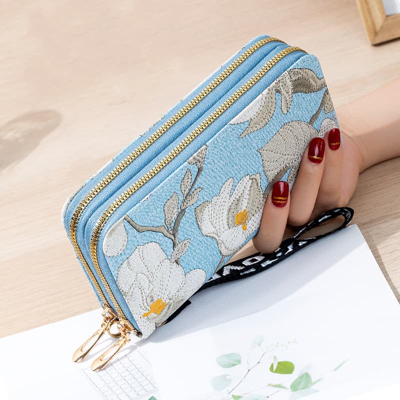 New ladies' long versatile dual-zipper Korean student floral print large capacity phone case handbag soft coin purse