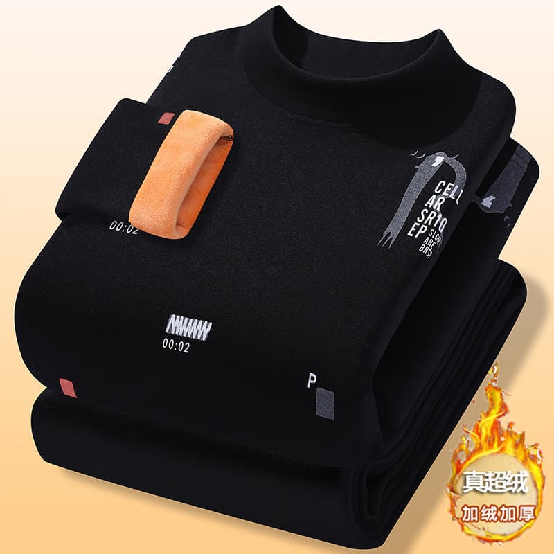 Men's Thermal Underwear Set Fleece Lined Thickened for Middle and High School Teens Cotton Round Neck Winter Warm Top and Bottom