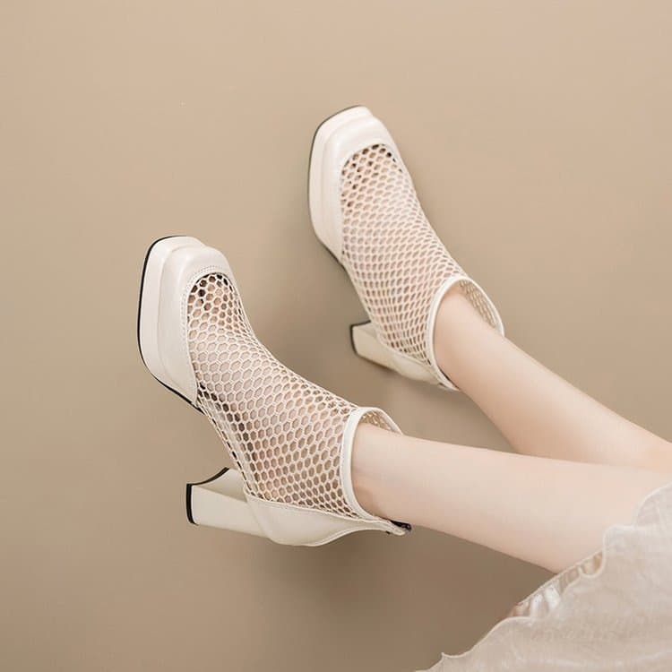 Fashionable Waterproof Platform Cut-Out Mesh Sandals for Women, Spring and Summer New Chunky Heel High Heels, Stylish Bootie Sandals to Pair with Dresses