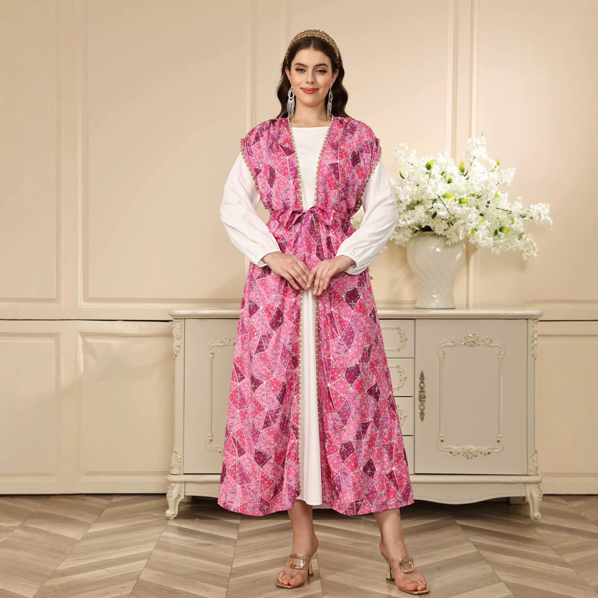 Pink Geometric Print Long Dress, Sleeveless Long Vest Cardigan with Long Sleeve Dress Two-Piece Set Abaya