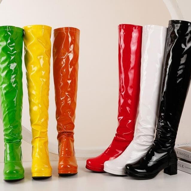 FS502708 Autumn/Winter 2020 New Arrival, European and American Style Chunky Heel Round Toe 40-43 Patent Leather Mid-Calf Women's Boots