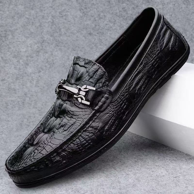 Men's new cross-border crocodile pattern bean shoes shallow mouth slip-on business casual breathable non-slip soft-soled driving shoes