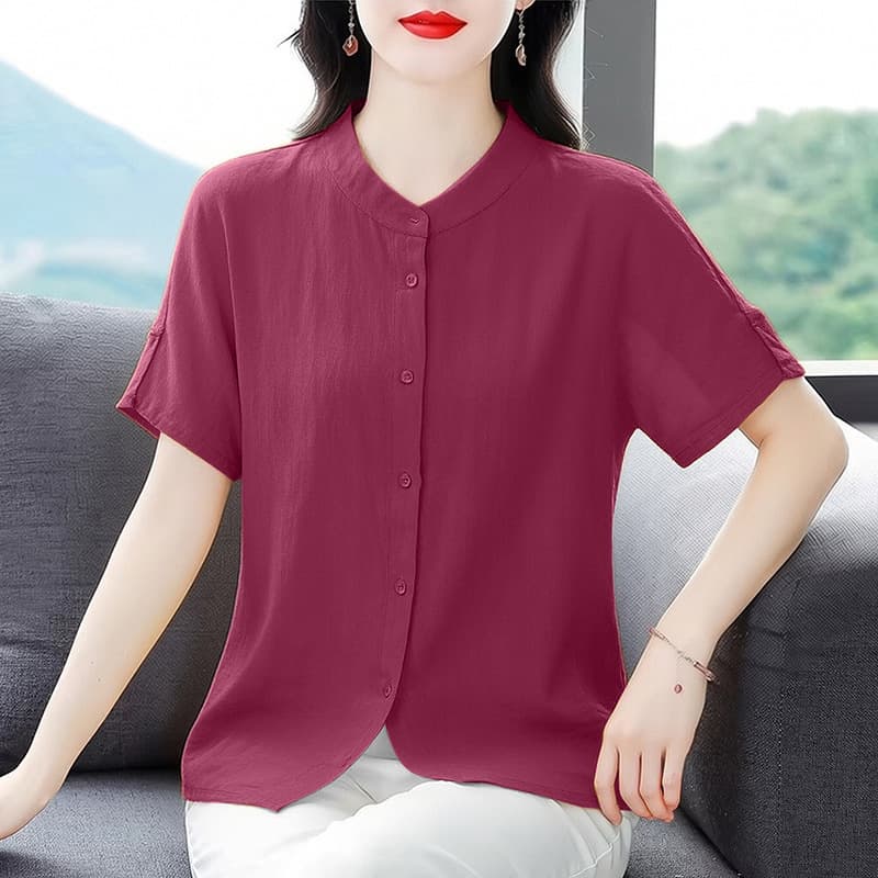 Retro literary cotton and linen solid color shirt women's summer thin stand-up collar short-sleeved shirt large size loose slimming top