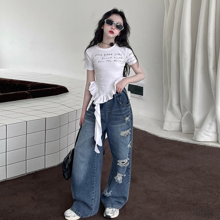 Girls' Jeans Summer Thin 2026 New Style Korean Trendy Ripped Denim Pants for Kids Fashionable Wide Leg