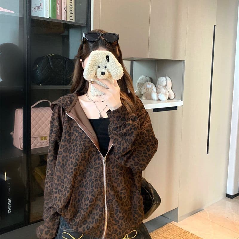 American retro leopard print hooded long-sleeved sweatshirt jacket for women spring casual cardigan design lazy loose top
