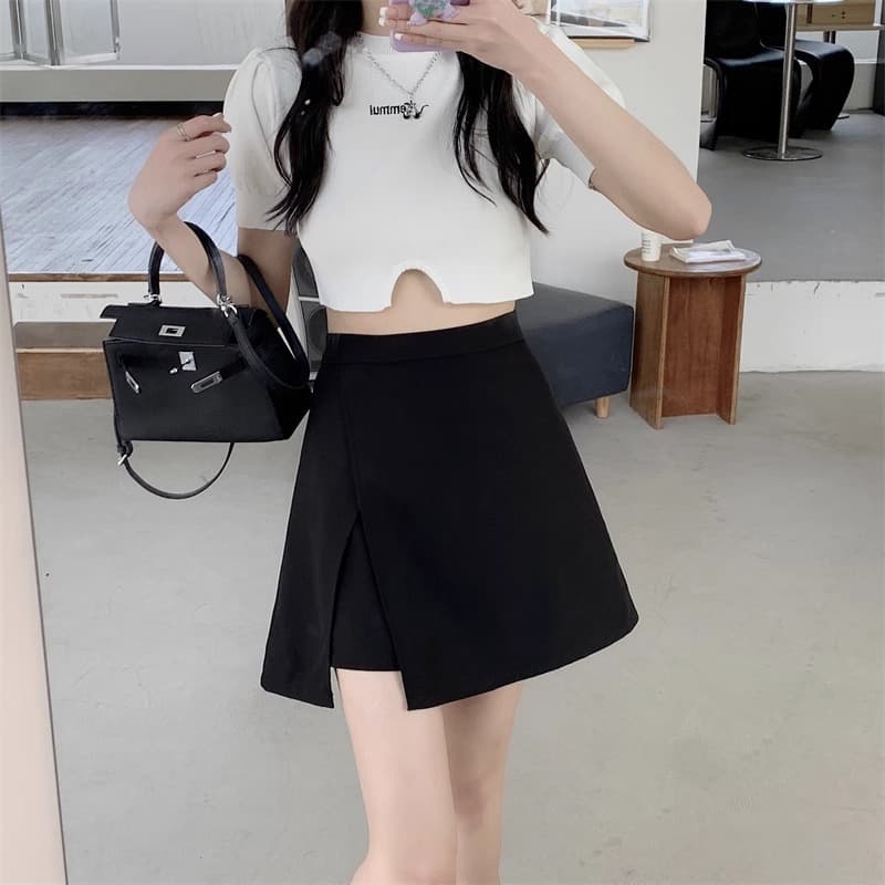 New Irregular High Waist Anti-Exposed A-Line Hip Skirt Women's Korean Retro Versatile Slim Solid Color Slit Skirt