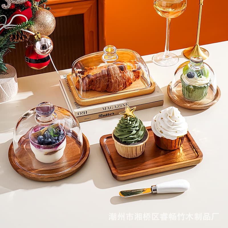 Cross-Border Hot-Selling Rectangular Wooden Butter Dish Glass Lid Cheese Butter Plate Snack Dessert Cake Sweet Plate