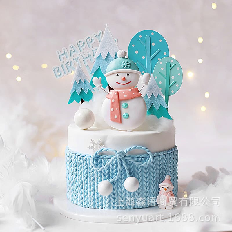 Christmas cake decorating, polymer clay polka dot scarf, snowman, blue Christmas tree plug, party decorations